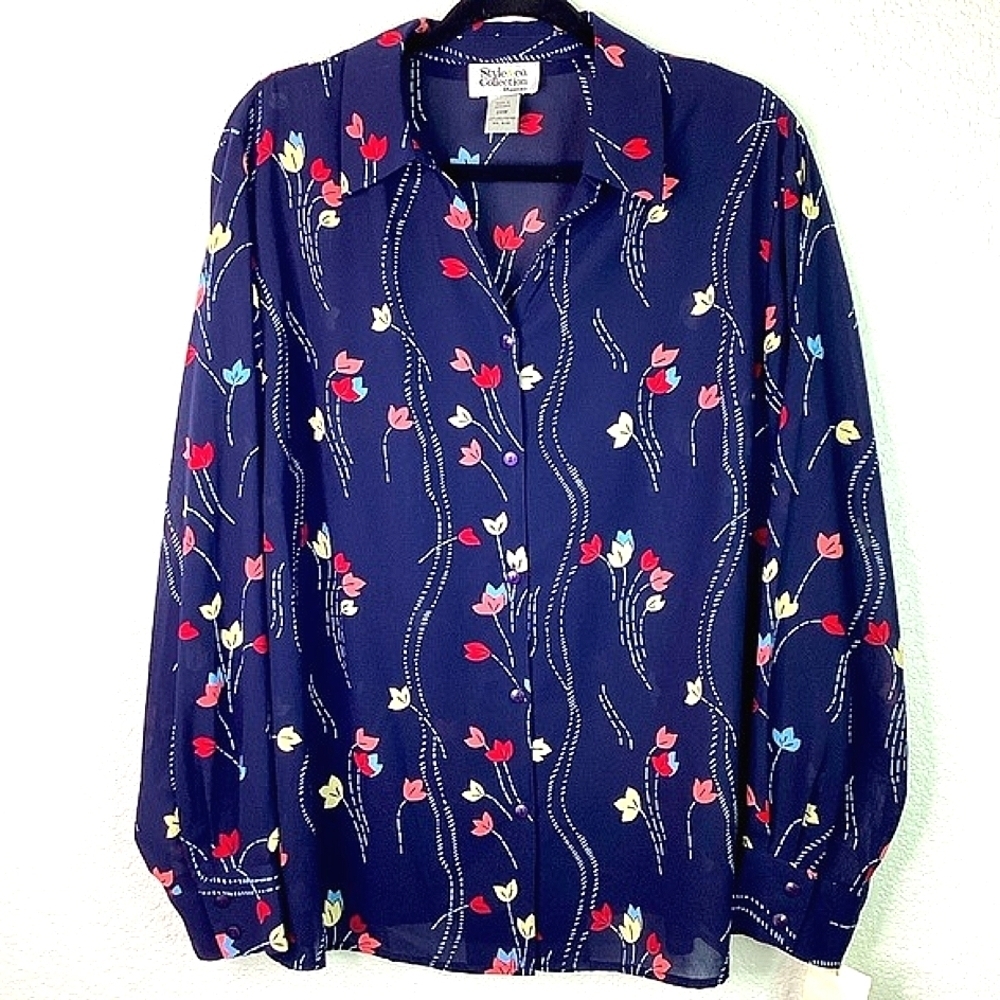 STYLE &‎ CO COLLECTION TOP PLUS SIZE 20 20W BLUE TULIPS FLORAL SPRING BLOUSE Nwt
